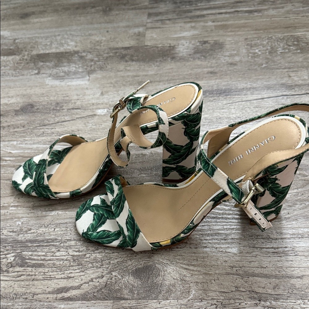 Gianni Bini Leaf Print Sandals in Green and Cream - Picture 2 of 5